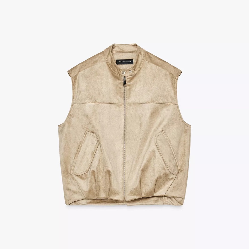 Zara Faux Suede Full Zip Vest In Taupe Brown Size Medium/Large NWT